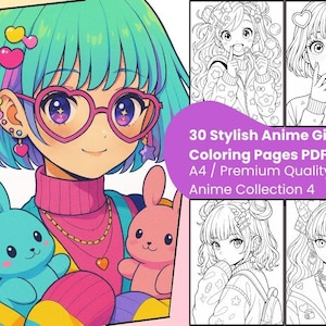 Può includere: Illustrazione in stile anime di una ragazza con capelli turchesi, occhiali a forma di cuore e che tiene in mano due coniglietti di peluche. L'immagine include uno striscione viola con il testo "30 Stylish Anime Girls Coloring Pages PDF A4 / Premium Quality Anime Collection 4."
