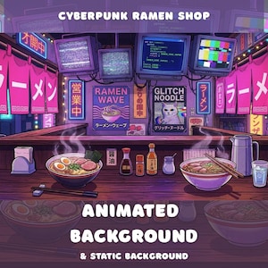 Cyberpunk Ramen Shop Animated Background Neon Japanese Tokyo Street Vaporwave 90s Anime CRT Screen Vtuber Overlay Twitch Stream Noodle Bar