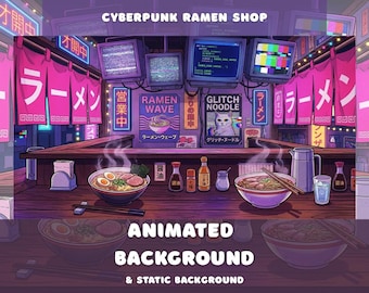 Cyberpunk Ramen Shop Animated Background Neon Japanese Tokyo Street Vaporwave 90s Anime CRT Screen Vtuber Overlay Twitch Stream Noodle Bar