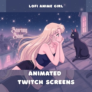 Pode incluir: Uma ilustração digital em estilo anime apresenta uma personagem loira deitada num telhado à noite, olhando para um gato preto. O texto diz LOFI ANIME GIRL, Starting Soon e ANIMATED TWITCH SCREENS contra um céu estrelado em tons roxos.