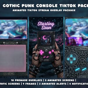 Pode incluir: Pacote TikTok Console Punk Gótico com sobreposições de streaming animadas. O design apresenta uma estética sombria e gótica com um design de console portátil. O texto inclui "Starting Soon" e "Nocturnal". Inclui 10 sobreposições pré-fabricadas, 5 telas animadas e mais.