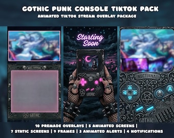 Pacote de sobreposições góticas para transmissões ao vivo do TikTok | Telas de transmissão ao vivo animadas em estilo punk roxo e rosa com tema retrô para consoles de jogos | Sobreposições góticas para Vtubers