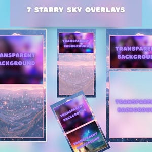 K&ouml;nnte beinhalten: Ein Bild, das sieben Sternenhimmel-Overlays mit transparentem Hintergrund zeigt. Der Text "7 Starry Sky Overlays" steht oben. Jedes Overlay hat ein anderes Design, mit den Worten "Transparent Background" in Neon-Lila.