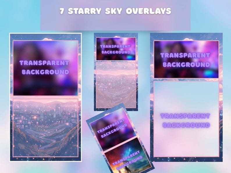 K&ouml;nnte beinhalten: Ein Bild, das sieben Sternenhimmel-Overlays mit transparentem Hintergrund zeigt. Der Text "7 Starry Sky Overlays" steht oben. Jedes Overlay hat ein anderes Design, mit den Worten "Transparent Background" in Neon-Lila.
