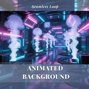 Könnte beinhalten: Ein animierter Hintergrund mit futuristischem Sci-Fi-Thema. Das Bild zeigt einen Korridor mit neonblauer und rosa Beleuchtung, rauchartigen Formationen und den Texten "Seamless Loop" und "Animated Background".