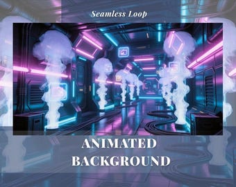 May include: An animated background with a futuristic, sci-fi theme. The image features a corridor with neon blue and pink lighting, smoke-like formations, and the text "Seamless Loop" and "Animated Background".