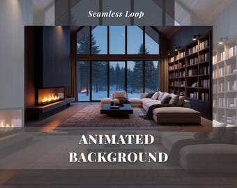 Puede incluir: Interior de salón moderno con chimenea, sofá grande y estanterías. La escena se desarrolla frente a un bosque nevado. Se muestra el texto "Seamless Loop" y "Animated Background".