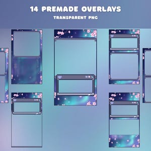 Pode incluir: Uma imagem de arte digital com 14 sobreposi&ccedil;&otilde;es pr&eacute;-fabricadas com fundos PNG transparentes. As sobreposi&ccedil;&otilde;es t&ecirc;m um esquema de cores azul e roxo com detalhes de flores de cerejeira. O texto "14 PREMADE OVERLAYS" e "TRANSPARENT PNG" est&aacute; no topo.