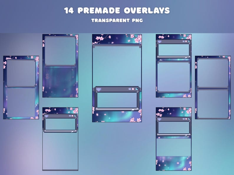 Pode incluir: Uma imagem de arte digital com 14 sobreposi&ccedil;&otilde;es pr&eacute;-fabricadas com fundos PNG transparentes. As sobreposi&ccedil;&otilde;es t&ecirc;m um esquema de cores azul e roxo com detalhes de flores de cerejeira. O texto "14 PREMADE OVERLAYS" e "TRANSPARENT PNG" est&aacute; no topo.