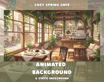 May include: An interior scene of a cafe titled COZY SPRING CAFE, featuring wooden furniture, hanging plants, a coffee machine, and a sleeping orange cat on a chair. A table in the foreground holds a book and a coffee carafe, with a bicycle visible outside.