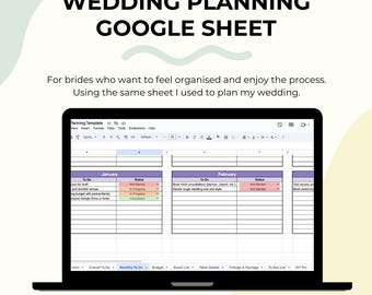 Könnte beinhalten: Ein Laptop-Bildschirm zeigt ein Google Sheet mit dem Titel "WEDDING PLANNING GOOGLE SHEET". Das Sheet ist eine Planungsvorlage mit Abschnitten für Januar und Februar. Der Text lautet: "Für Bräute, die sich organisiert fühlen und den Prozess genießen wollen."