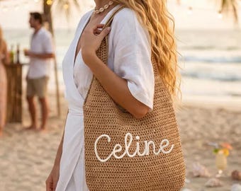 Custom Embroidered Raffia Beach Bag, Personalized Bridesmaid Name Tote, Bachelorette Gift Bag.