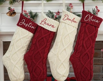 Personalized Knit Christmas Stocking: 2026 Embroidered Family Name, Monogram Stocking, Holiday Decor