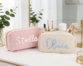 Embroidery Corduroy Cosmetic Bag,Custom Makeup Bag With Zipper Bridesmaid Gift,Bachelorette Gift,Wash Bag For Travel,Gift For Her,Mom Gift.