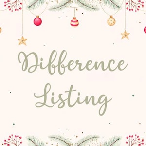 Op de afbeelding: Een feestelijke afbeelding met de woorden "Difference Listing" in een sierlijk lettertype. De afbeelding toont hangende ornamenten, sterren en takjes groen met rode bessen, alles tegen een cr&egrave;mekleurige achtergrond.