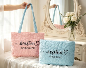 Personalized Quilted Name Tote Bag, Custom Puffer Tote Bag For Travel, Bridesmaid Gift Bag,Girl Trip Bag,Bridal Party Gift,Flower Girl Gift.