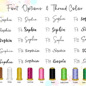 May include: Image displaying font options and thread colours for customisation. The text shows different font styles for the name "Sophia", alongside thread colour options such as brown, white, gold, and pink.