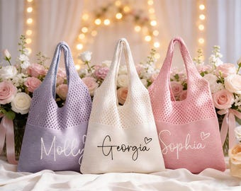 Sac de plage au crochet pour voyage de filles, sac fourre-tout de plage de demoiselle d'honneur, cadeaux de voyage de célibataire personnalisé pour elle, sac d'été personnalisé, sac de proposition de demoiselle d'honneur