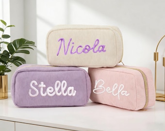Personalized Corduroy Makeup Bag, Custom Name Cosmetic Bag,Monogram Wash Bag For Women,Bridesmaid Gifts for Her,Mom Birthday Gift For Woman.