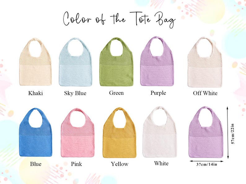 May include: A range of tote bags in colours such as khaki, sky blue, green, purple, off-white, blue, pink, yellow, and white. The bags are approximately 57cm tall and 37cm wide. The text "Color of the Tote Bag" is at the top.