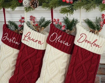 Calcetines navideños de punto para la familia 2025, calcetines navideños rojos personalizados, calcetines bordados con nombre.