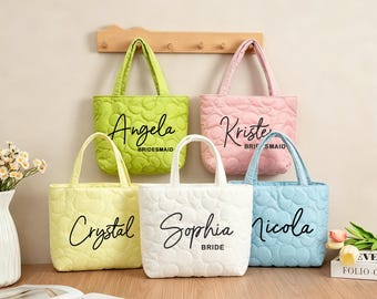 Custom Flower Quilted Tote Bag, Bridesmaid Gift Bag,Personalized Name Tote Bag For Her,Bachelorette Gifts,Wedding Party Gift,Girl Trip Gift.