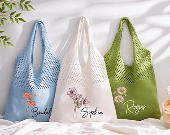 Crochet Beach Bag for Girls Trip, Bridesmaid Beach Tote Bags,Custom Bachelorette  Gifts, Custom Birth Flower Bag,Bridesmaid Proposal Bag.