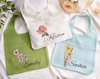 Birth Flower Crochet Bag For Girls Trip,Personalized Beach Tote Bag,Custom Knit Summer Bag,Bridesmaid Gift For Her,Bachelorette Party Favors
