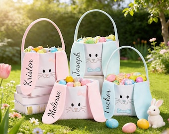 Personalized Bunny Easter Basket With Name, Custom Easter Egg Hunt Gift For Kids, Cute Easter Bag, Baby's 1st Easter Keepsake & Spring Decor