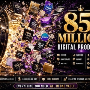 Può includere: Annuncio di prodotti digitali, con una porta di volta e elementi digitali fluttuanti. Il testo recita "85+ MILLION DIGITAL PRODUCTS" in oro, con categorie come eBook, modelli Canva e loghi. Lo striscione inferiore recita "EVERYTHING YOU NEED. ALL IN ONE VAULT."