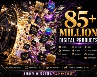 May include: An advertisement for digital products, featuring a vault door with floating books, laptops, and graphics. The text reads "85+ MILLION DIGITAL PRODUCTS" in gold, with categories like eBooks, Canva templates, and logos. The bottom banner states "EVERYTHING YOU NEED. ALL IN ONE VAULT."
