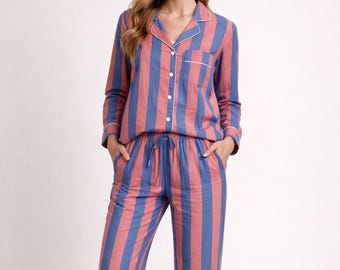 Blue Striped Pajama Set, Women's Cotton Night Suit, Long Sleeve Button Down PJs, Soft Sleepwear Gift