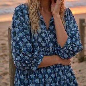Blue Floral Block Print Dress, Cotton Midi Boho Dress with Puff Sleeves, Indian Hand Block Print Kaftan, Summer Smock Dress, Gift for Her