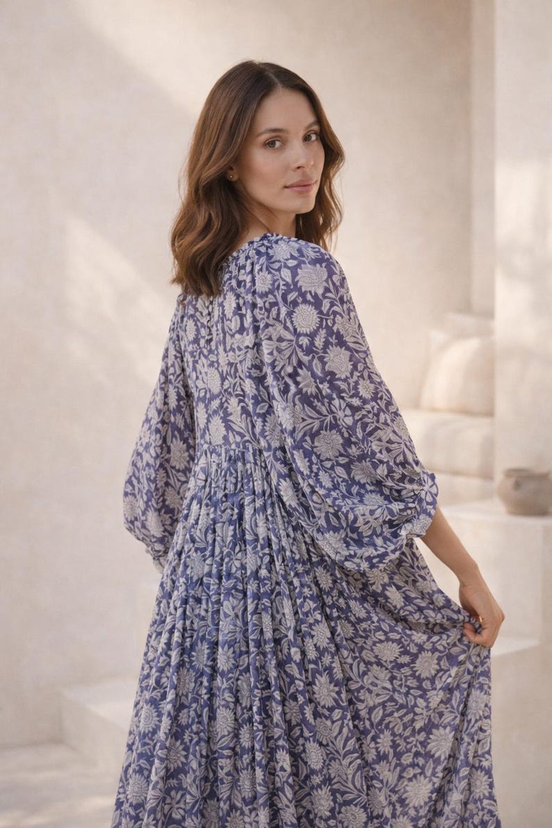 Handmade Floral Tunic Dress, Gift for Her, Modest Summer Dress with Sleeves, Beach Cover Up Luxe, Breathable Cotton Boho Midi image 9