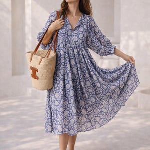 Handmade Floral Tunic Dress, Gift for Her, Modest Summer Dress with Sleeves, Beach Cover Up Luxe, Breathable Cotton Boho Midi image 5