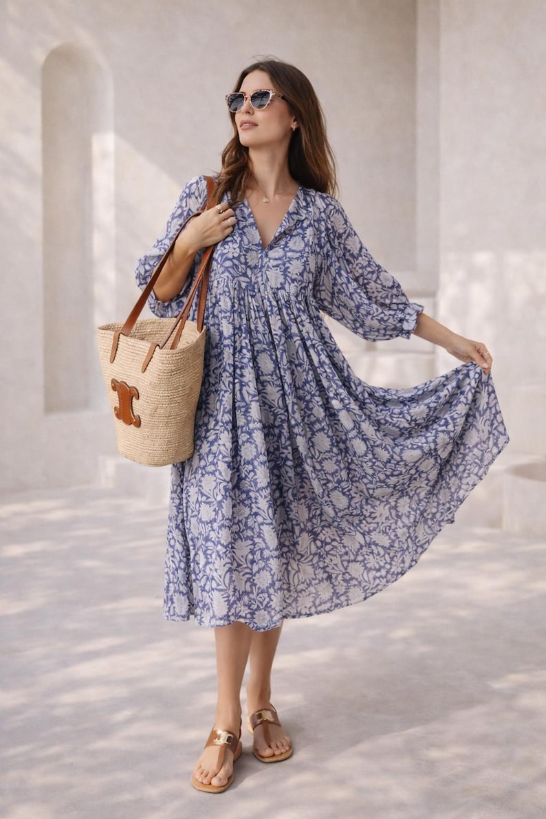 Handmade Floral Tunic Dress, Gift for Her, Modest Summer Dress with Sleeves, Beach Cover Up Luxe, Breathable Cotton Boho Midi image 5