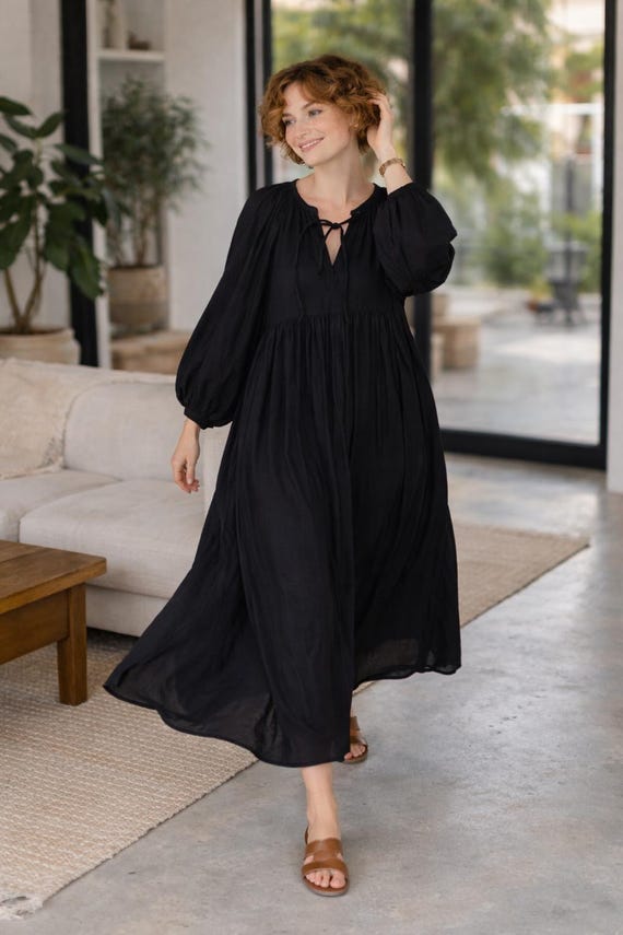 black flowy boho dress Buy Cotton Voile Maxi Dress, Long Sleeve Dress, Quiet Luxury Minimalist Gown, Oversized Tiered Summer Dress, Modest Long Online in India fantasy double slit dress