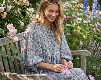 Blue Floral Cotton Dress for Women, Boho Midi Dress, Puff Sleeve Loose Fit Dress, Cottagecore Floral Printed Dress