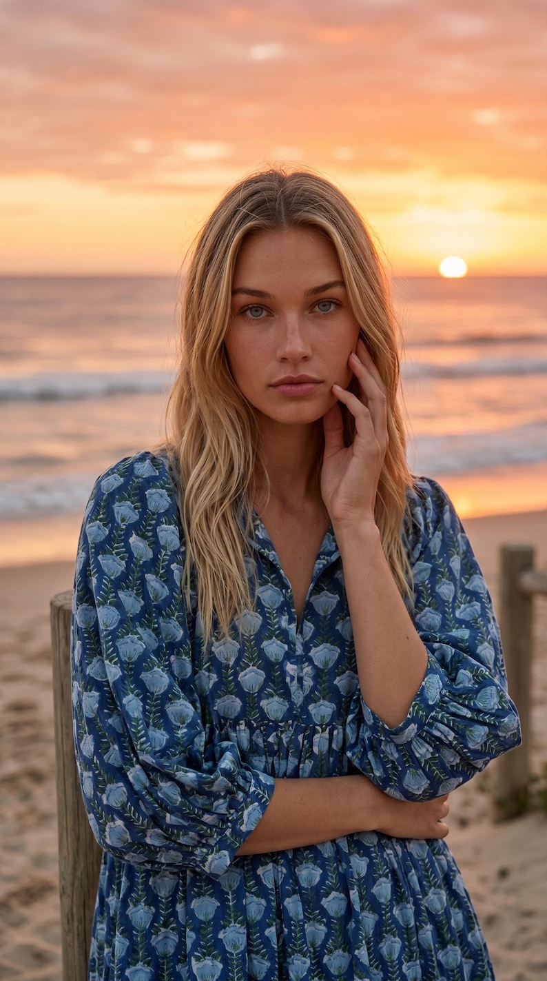 May include: A blue floral print dress with long sleeves and a V-neck. The dress features a pattern of light blue flowers. The background shows a beach scene with the sun setting over the ocean.