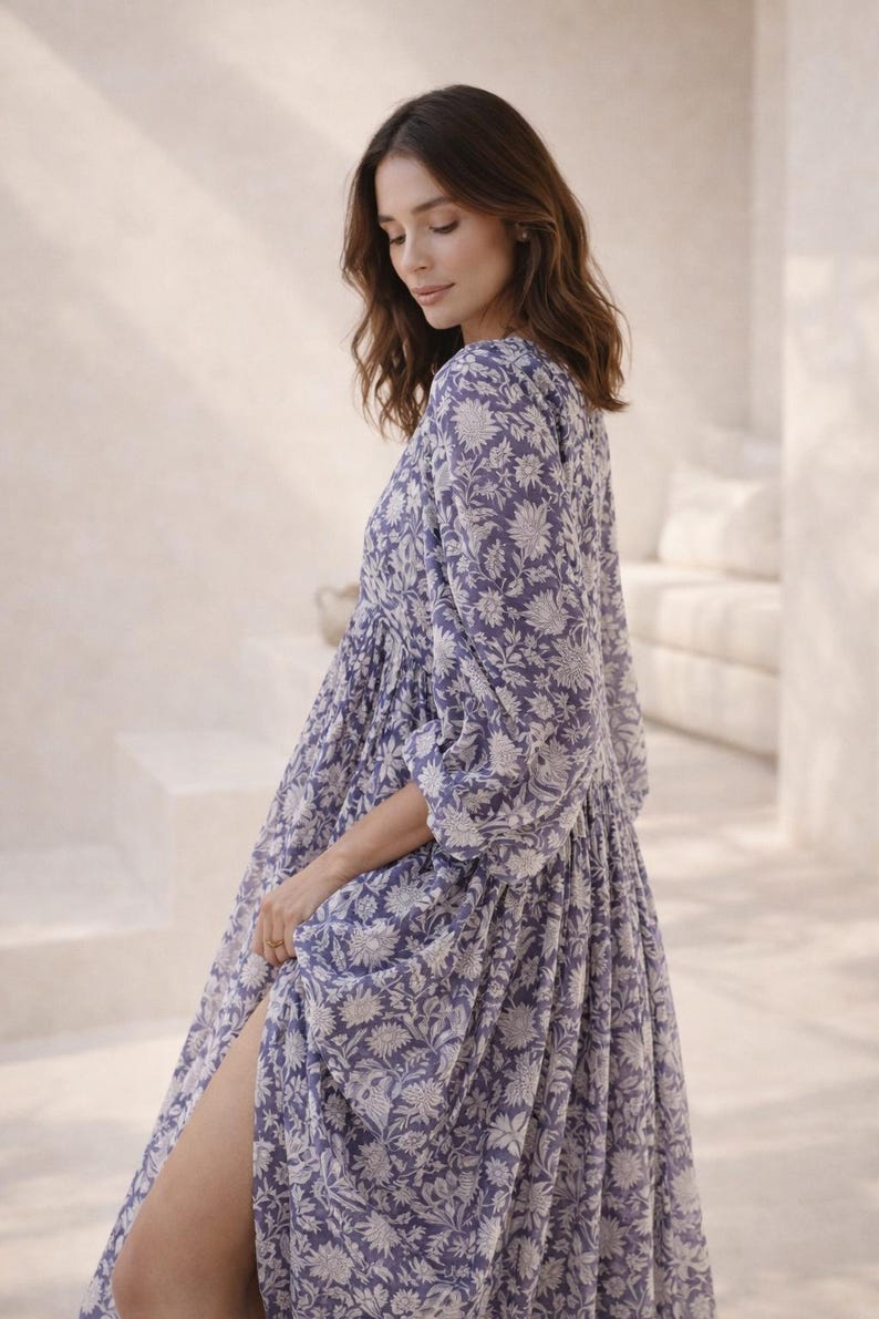Handmade Floral Tunic Dress, Gift for Her, Modest Summer Dress with Sleeves, Beach Cover Up Luxe, Breathable Cotton Boho Midi image 8
