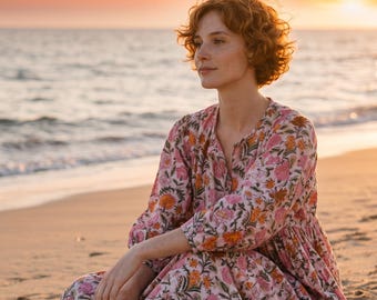 Pink Floral Beach Dress Women, Boho Cotton Midi Dress, Cottagecore Prairie Dress, Puff Sleeve Summer Dress