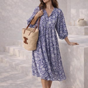 Handmade Floral Tunic Dress, Gift for Her, Modest Summer Dress with Sleeves, Beach Cover Up Luxe, Breathable Cotton Boho Midi image 2