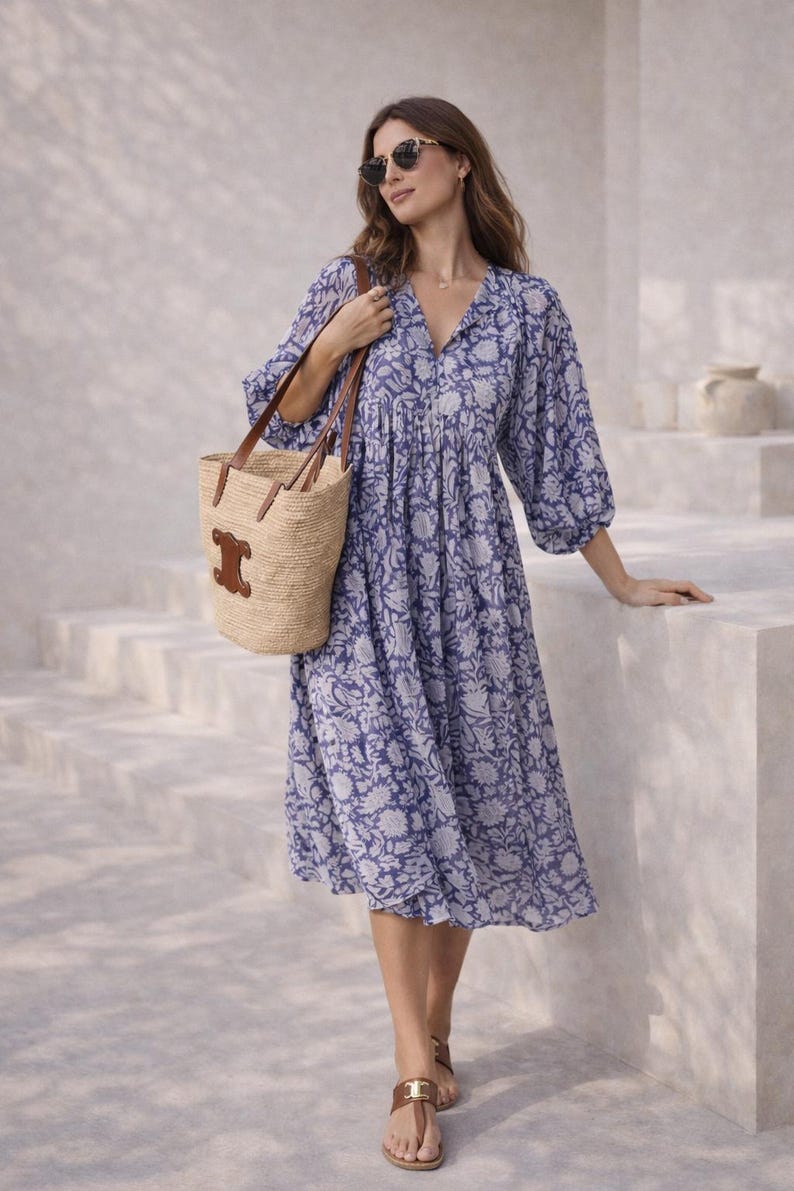 Handmade Floral Tunic Dress, Gift for Her, Modest Summer Dress with Sleeves, Beach Cover Up Luxe, Breathable Cotton Boho Midi image 2