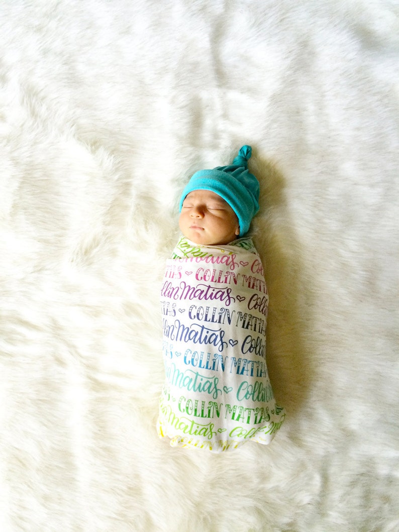 Organic cotton knit The ORIGINAL rainbow personalized swaddle Personalized swaddle Rainbow baby Birth announcement