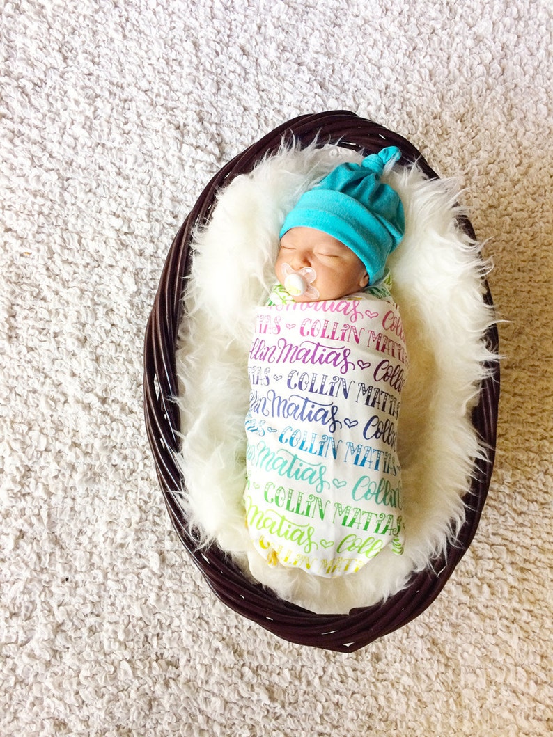 Organic cotton knit The ORIGINAL rainbow personalized swaddle Personalized swaddle Rainbow baby Birth announcement