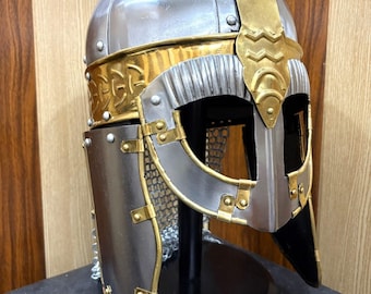 Viking Gjermundbu Helmet With Chainmail, Steel Knight Helmet Cosplay Prop