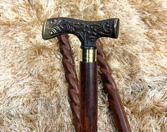 Handmade Wooden Walking Cane with Ornate Brass Handle - Twisted Wood Shaft