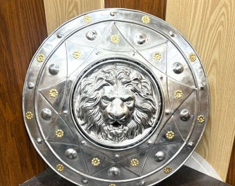 Escudo facial medieval espartano con forma de león: escudo de utilería de acero de calibre 18 para cosplay.