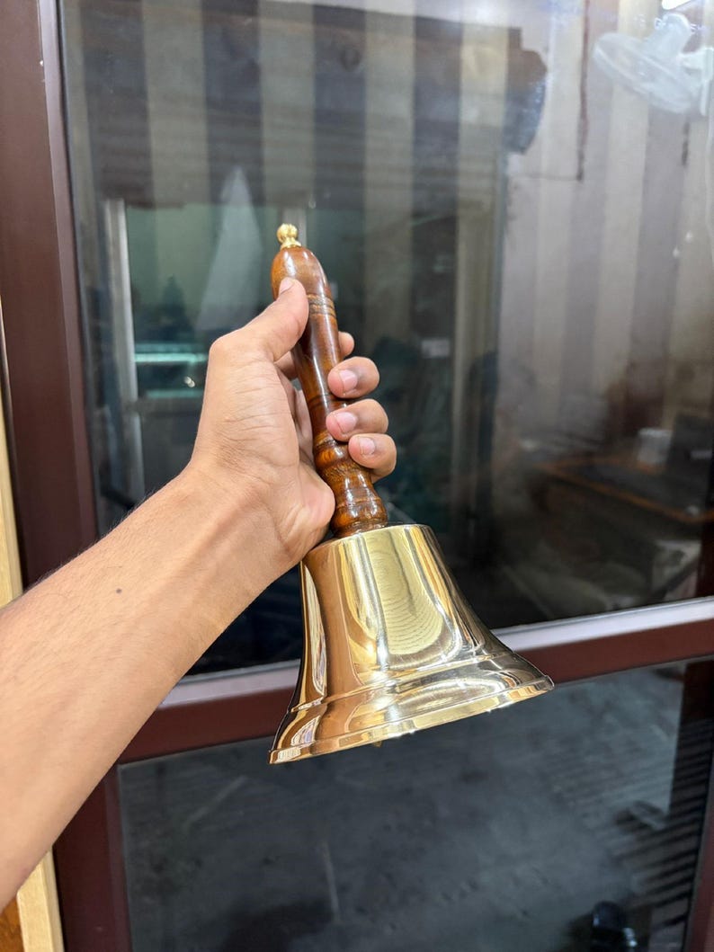 11 Inch Solid Brass Hand Bell With Wooden Handle, Nautical Décor - Etsy