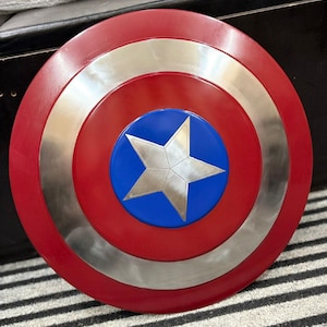 K&ouml;nnte beinhalten: Ein runder Schild mit einem roten Au&szlig;enring, einem silbernen Innenring und einer blauen Mitte. Ein silberner Stern befindet sich in der Mitte des blauen Kreises. Der Schild ist eine Nachbildung des Schildes eines Comic-Superhelden.